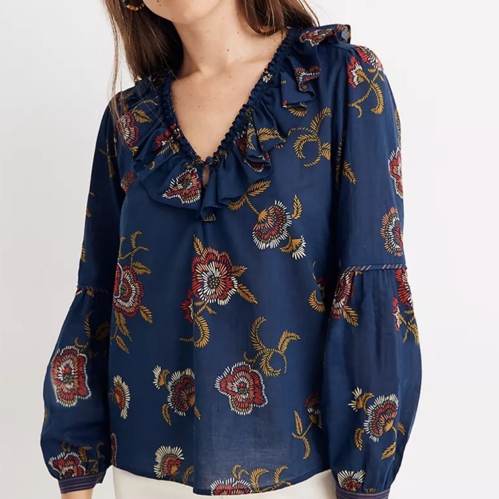 Madewell x Warm Ruffle-Collar Top in Honolulu Hibiscus size XXS